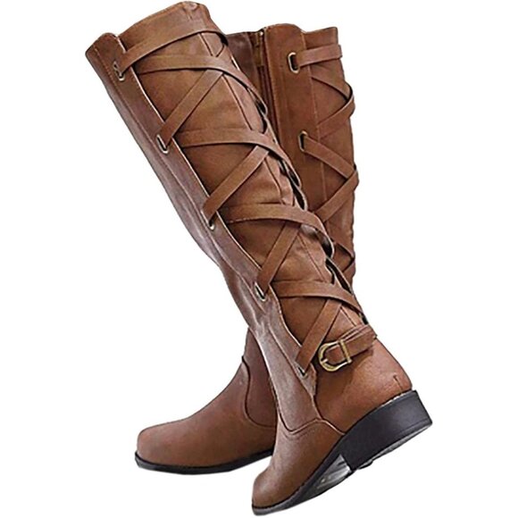 Womens Faux Leather Brown Strappy Motorcycle Knee High Riding Flat Lace Up Boots - Picture 1 of 6